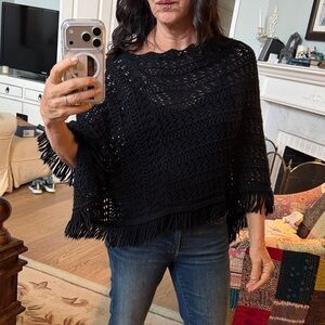 Women's Black Knit fringed Poncho